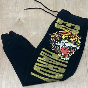 Ed Hardy Lion Head Black Sweatpants Gold Glitter Size XL